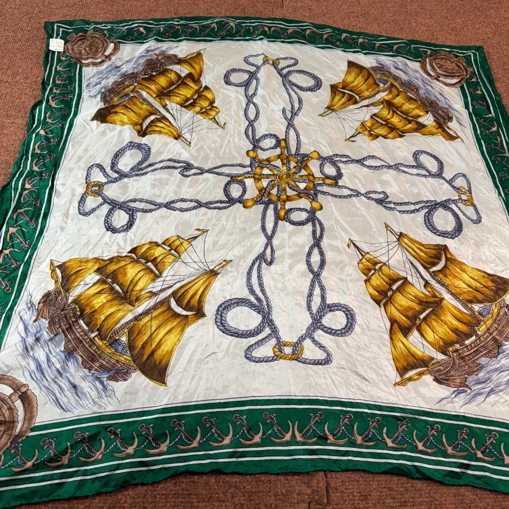 Vintage Nautical Silk Scarf Hand Printed Rolled Tall Ships Anchors Green 31x31